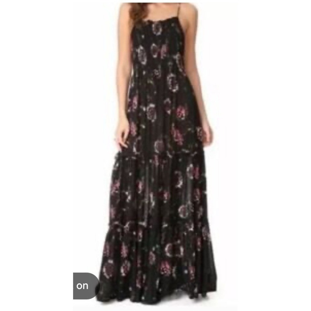 Intimately Free People Black Floral Smocked Maxi Dress XS Lace Up Back